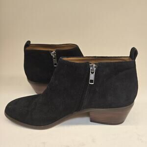 J. Crew Sawyer Minimalist Black Suede Leather Wood Stacked Heel Ankle Boot, Sz 7